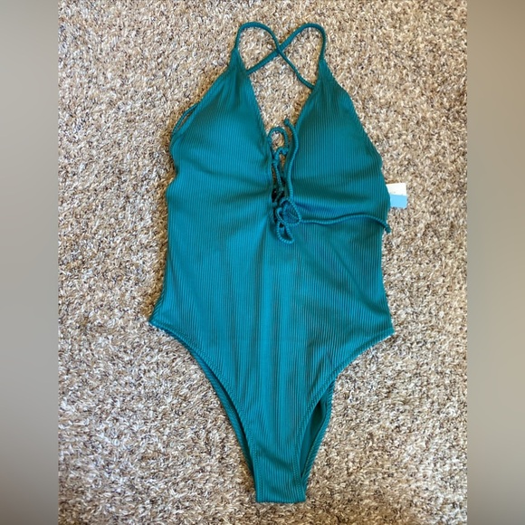 Cupshe Remind Me Solid Ribbed One Piece Swimsuit Green Large Lace Up Front - Picture 1 of 7
